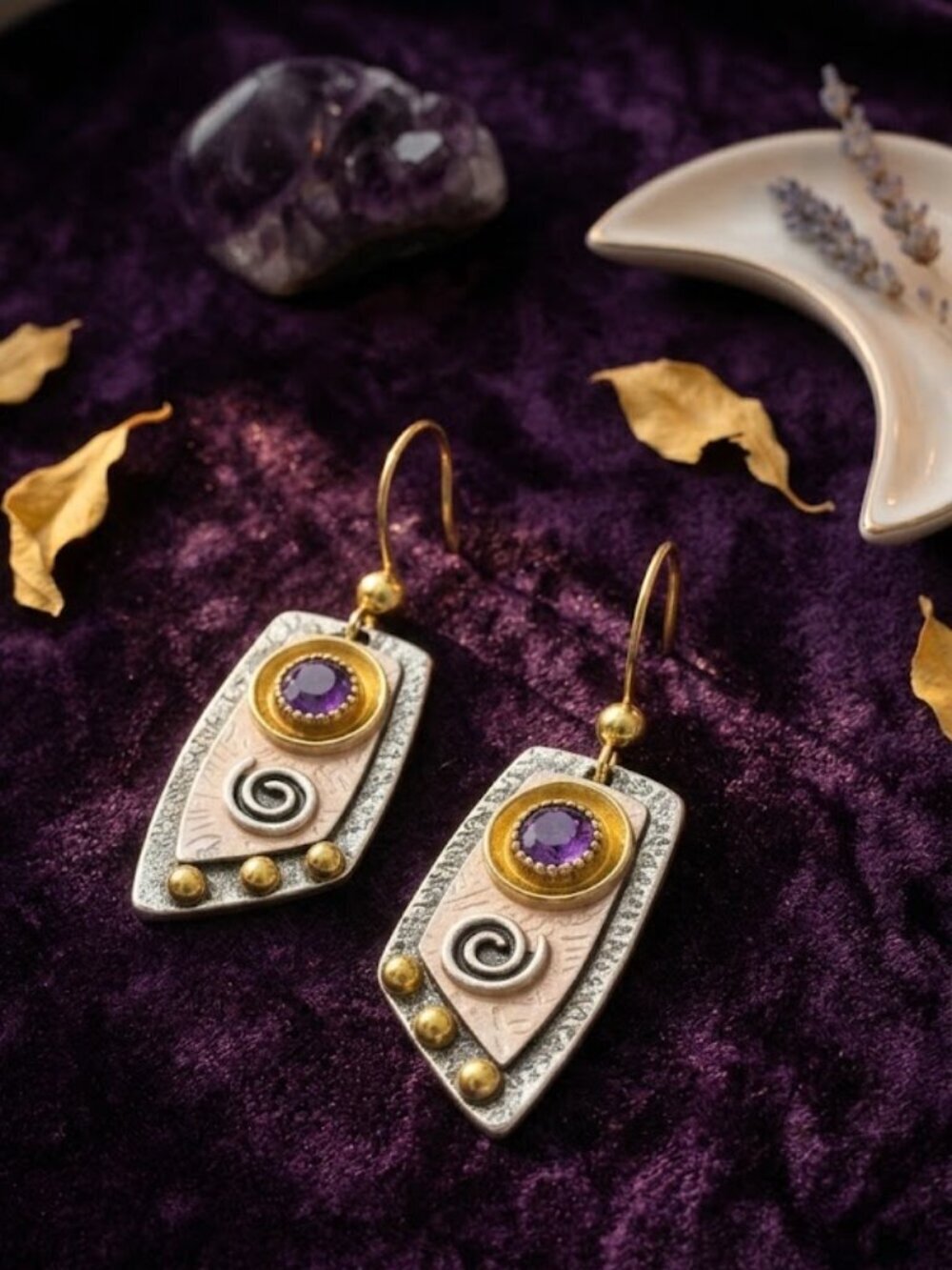 Mixed Metal Spiral Drop Earrings Whimsigoth Purple Stone Silver and Gold 1.1"